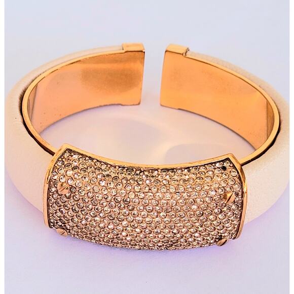 Signed Iconic Henri Bendel Double Hinged Cuff Bracelet Crystals Leather Vintage - Picture 8 of 9